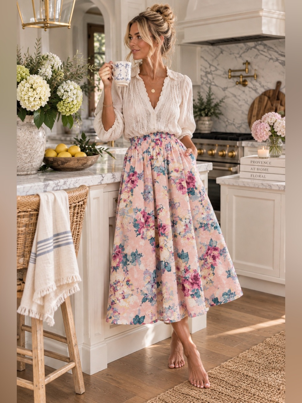 Vintage Sweater Loft 100% Cotton Floral Midi Skirt Cottagecore Granny USA M